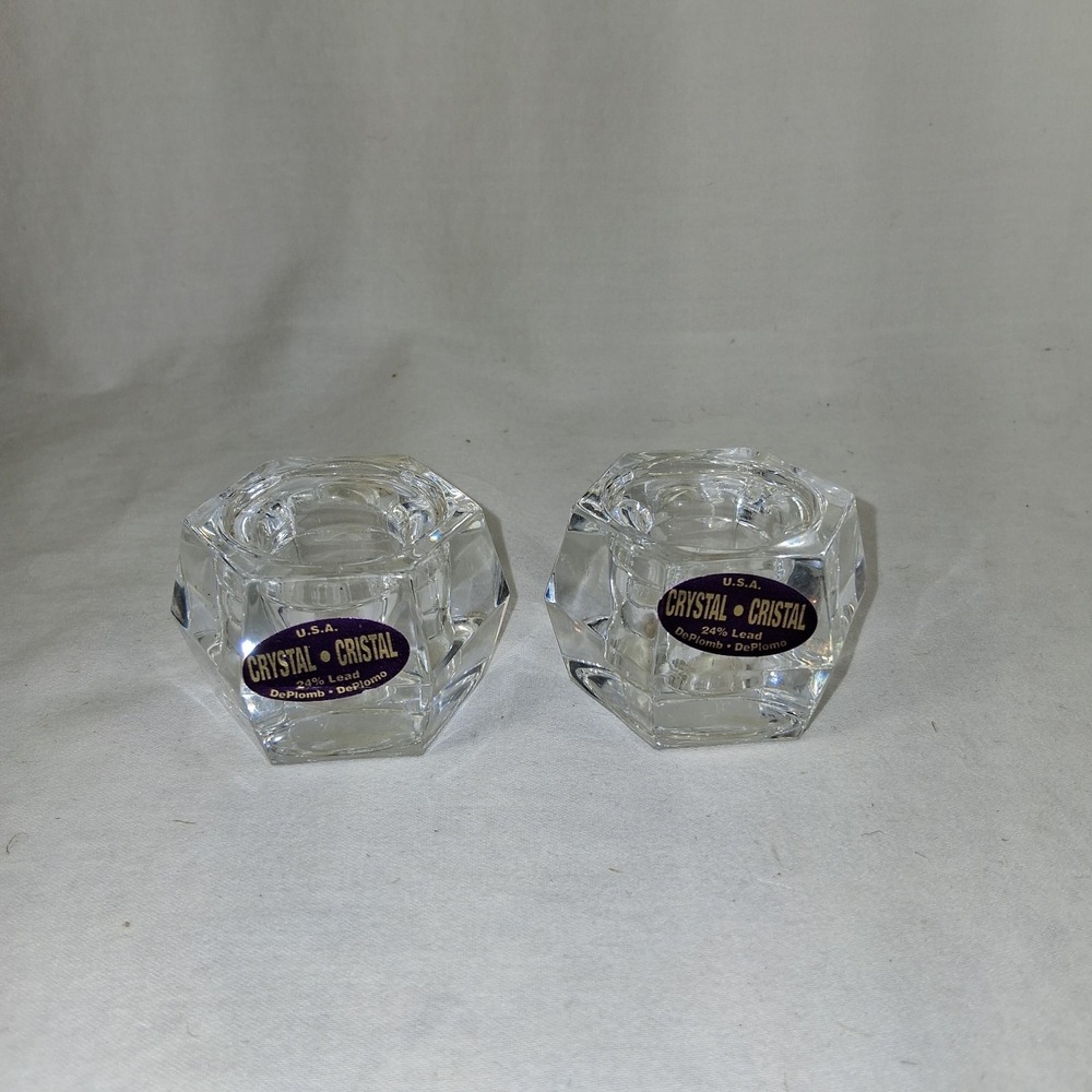 Set of 2 Taper Candle Holders 24% Lead Crystal Hexagon Shaped‎ 80's Made in USA